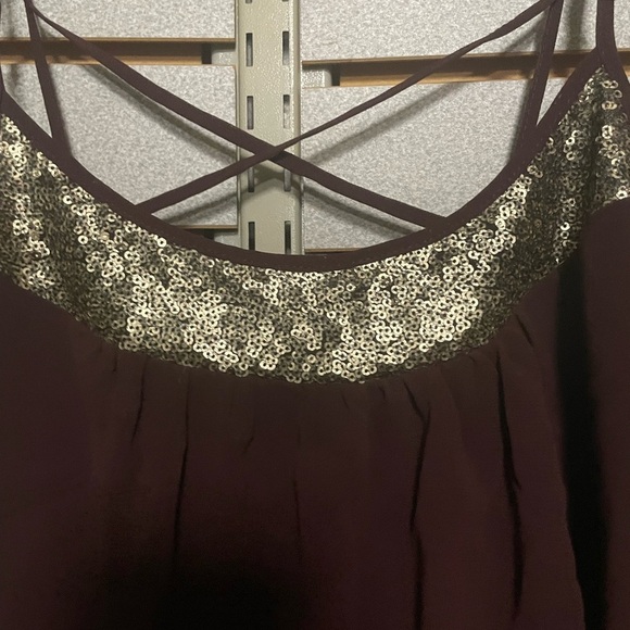 Mossino Supply Co Wine Colored Gold Sequins Spaghetti Strap Tank  Sheer Blouse L - Picture 2 of 6